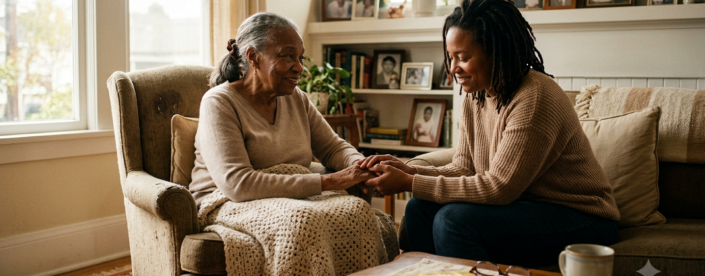An elderly Black woman sitting in a comfortable armchair with a blanket over her lap, smiling warmly as she holds hands with a younger Black woman who is sitting next to her on a sofa in a cozy, sunlit living room.