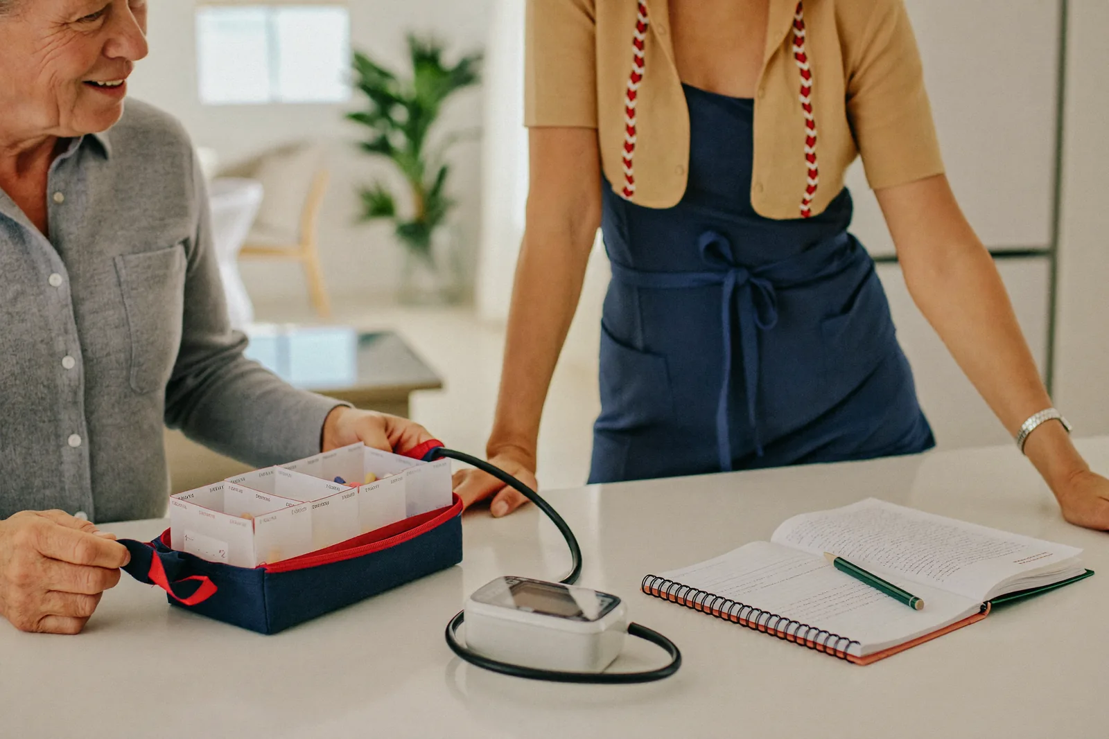 A pill organizer, blood-pressure monitor and care notes arranged on a bright kitchen counter