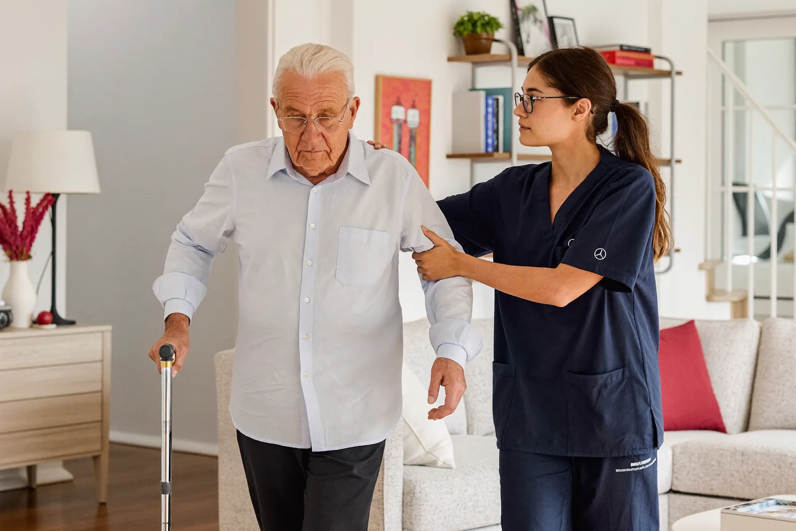 A caregiver steadying a senior man with a cane on indoor stairs for fall prevention