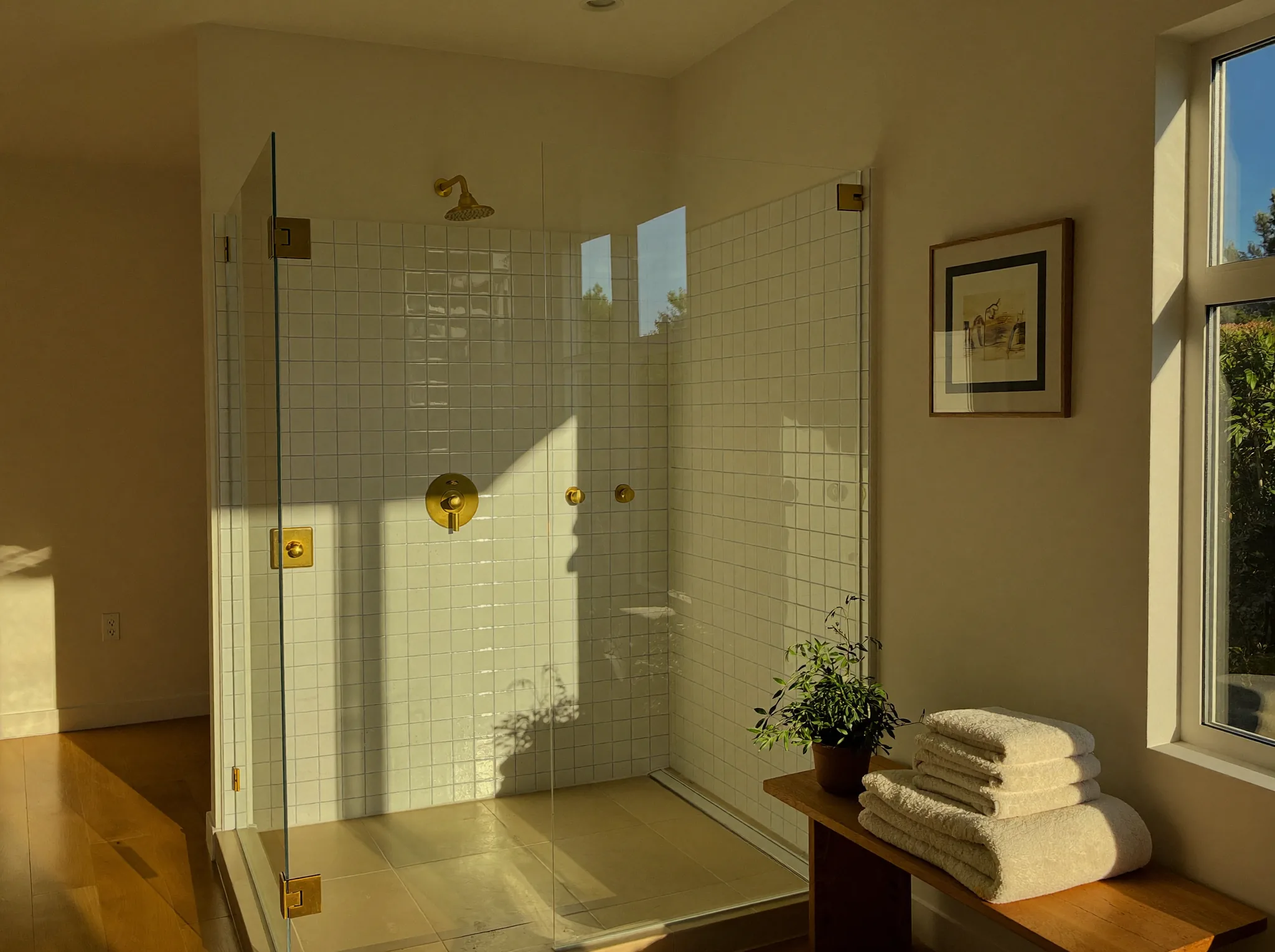 A bright, modern accessible bathroom with walk-in shower and soft cream towels