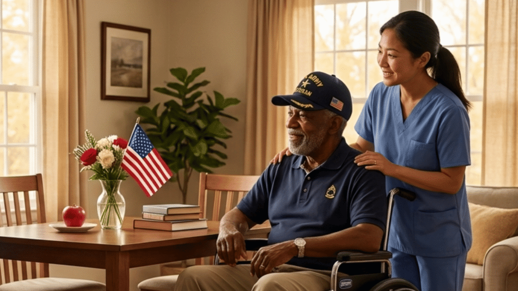 An elderly African American veteran in a wheelchair, wearing a "VETERAN" cap and navy polo shirt, sits at a wooden dining table in a cozy, well-lit home. A female caregiver in blue scrubs smiles as she stands next to him, placing her hand gently on his shoulder. The background features a bookshelf with books, a military portrait, a family photo, and an American flag centerpiece.