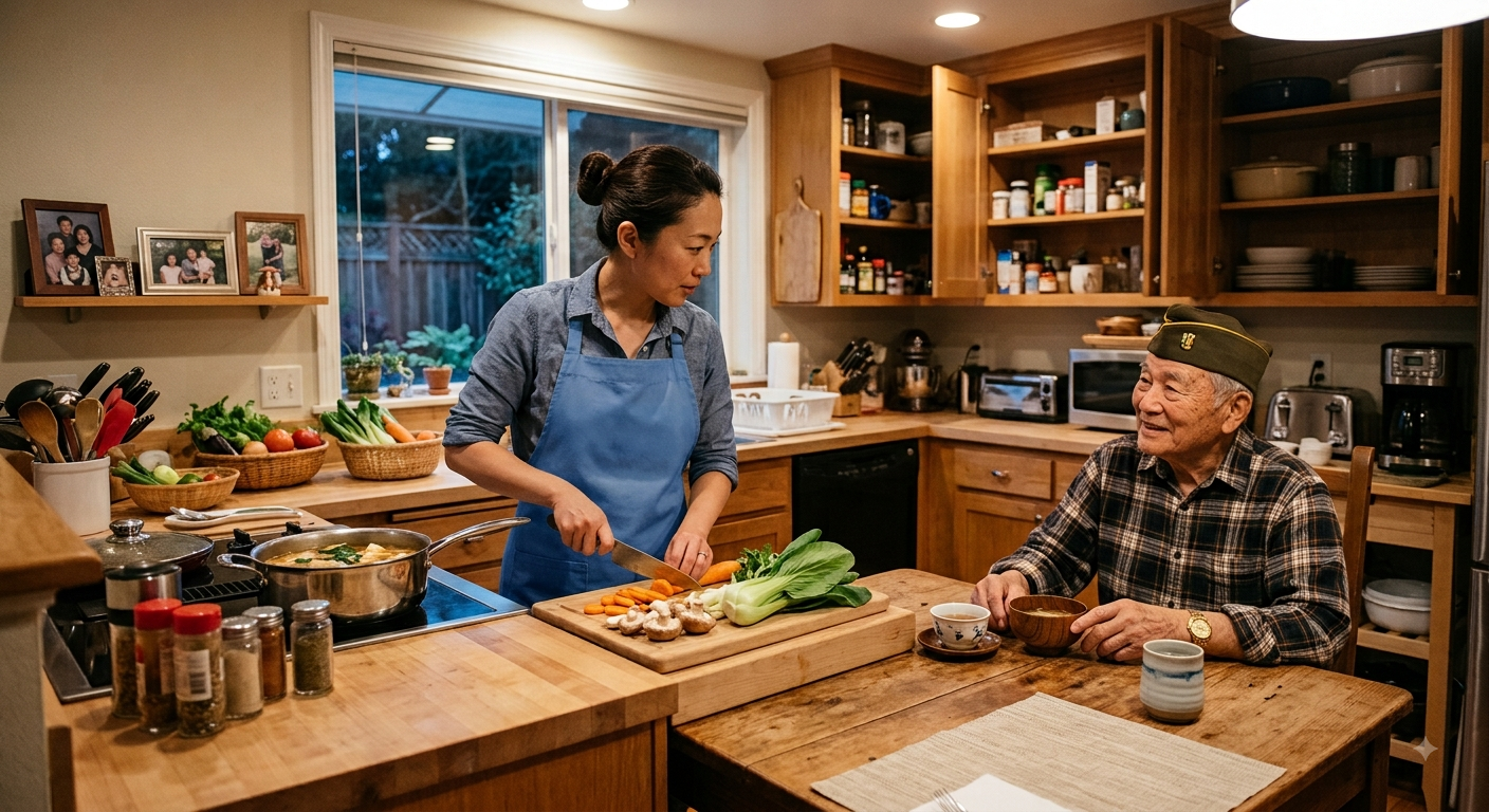 A J.A.P. caregiver preparing a meal in a client's kitchen while the client sits nearby at the table.