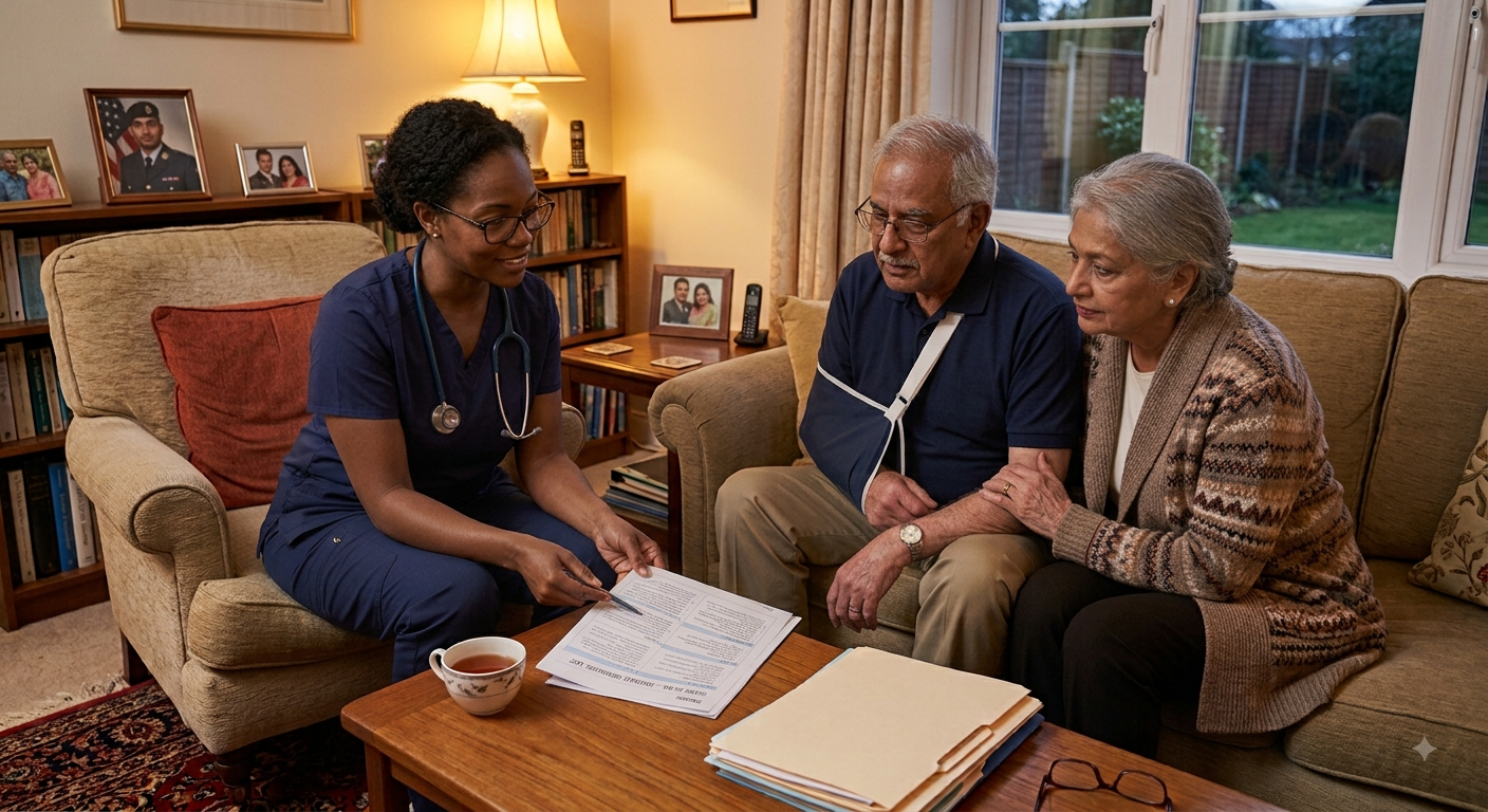 An RN reviewing a care plan with a veteran and his wife in their living room.
