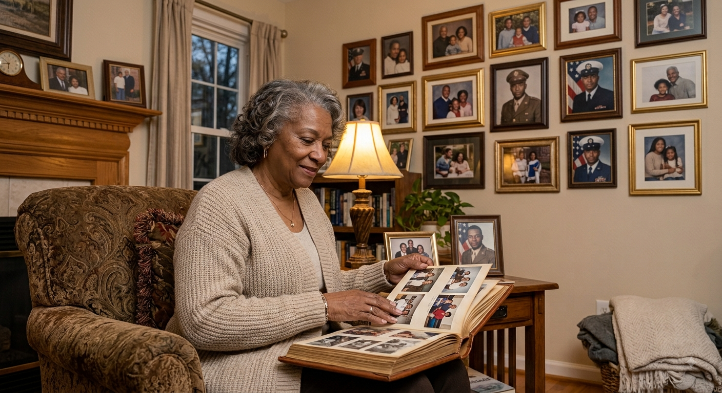 A senior woman looking through a photo album in her living room, with framed family photographs on the wall behind her.