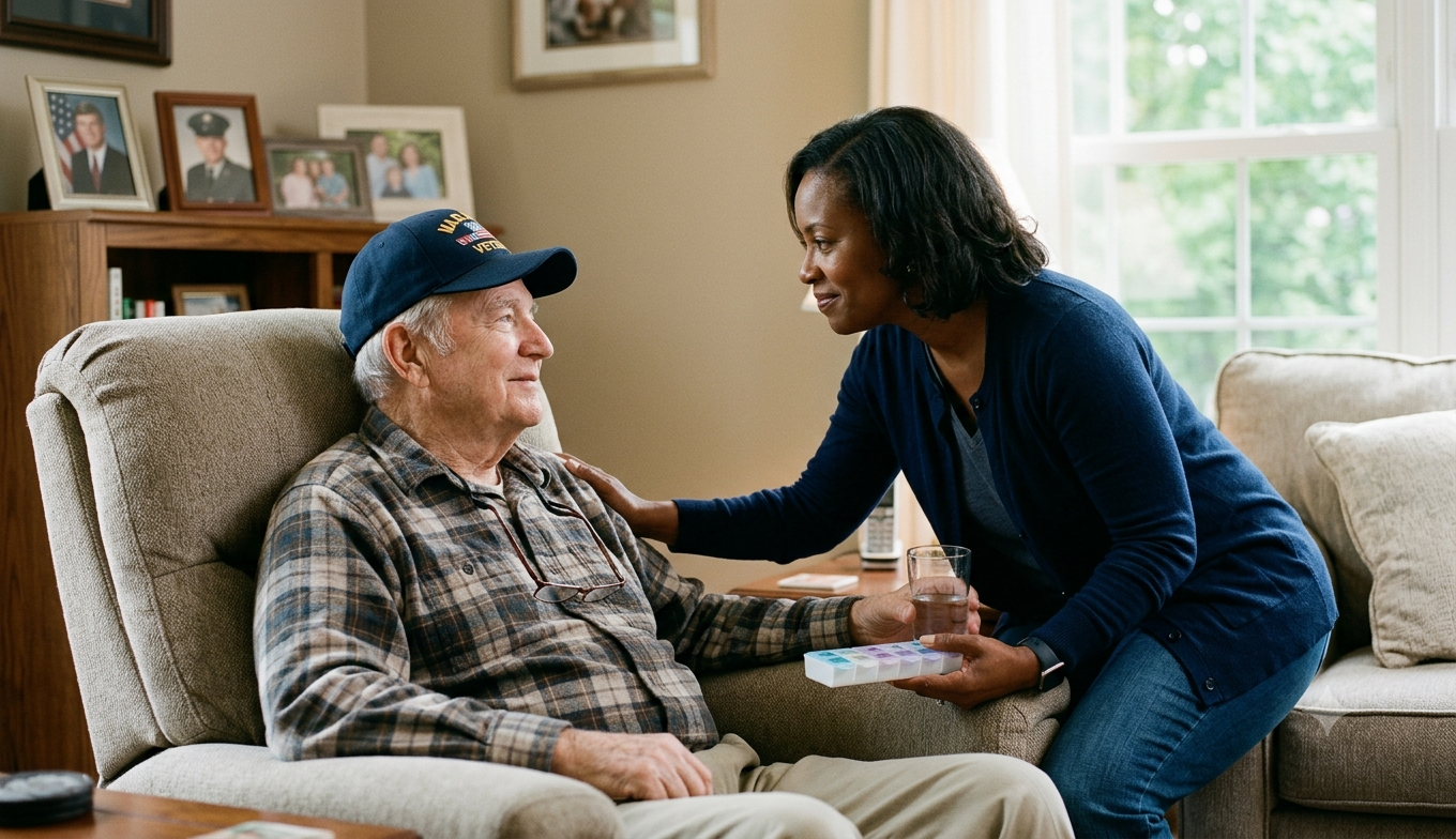 Supporting senior heart health in Hoover, AL — adult daughter checking in with her aging father at home